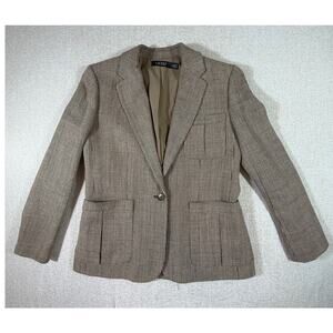 Lauren Ralph Lauren Black Label Women 8 Tan Houndstooth Linen Blend Blazer
